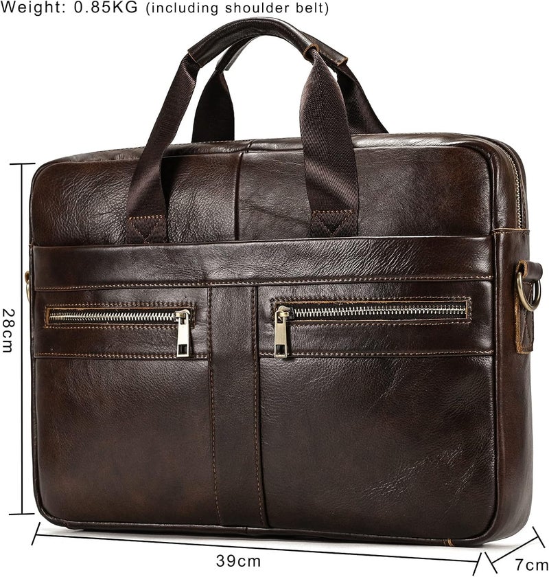 SAIION Genuine Leather Briefcase for Men, Laptop Computer Shoulder Bag With Strap, 15.6 Inch Business Travel Work Handbag - Image 2